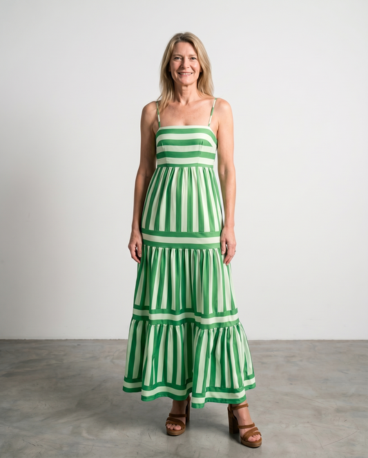 Avela | Striped Ruffle Maxi Dress