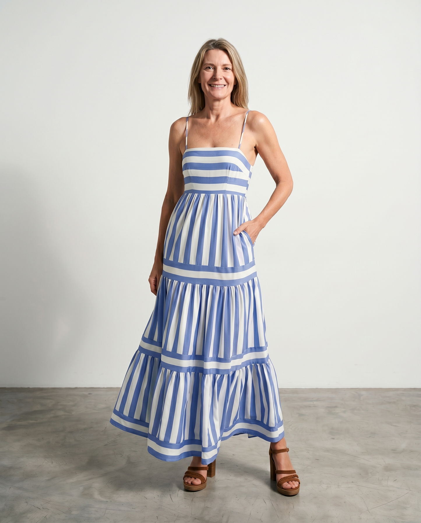 Avela | Striped Ruffle Maxi Dress